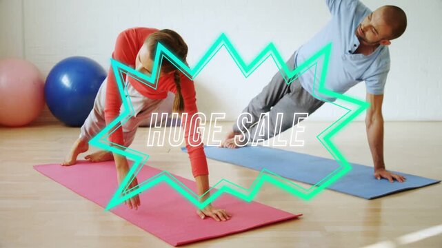 Pair doing twisting planks on fitness mats upon turquoise burst covering them, displaying HUGE SALE