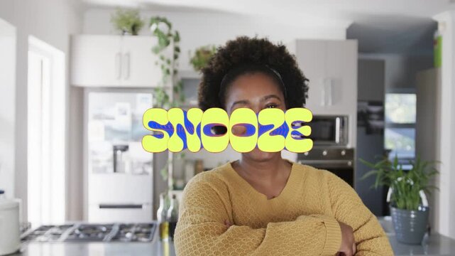 Woman posing in kitchen, SNOOZE shrinking and sliding, revealing face and causing smiling for ads