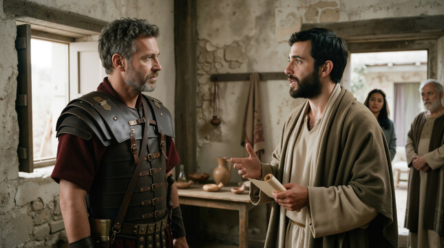 Biblical scene of Apostle Peter speaking to Roman centurion Cornelius. Two men in ancient historical costumes conversing in a rustic room with a scroll. Religious christianity concept