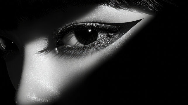A close-up black and white shot highlights the intricate detail of the woman's eye makeup and dramatic eyeliner, creating a bold and sophisticated look.