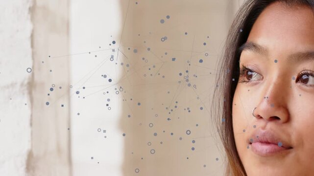 Woman holding profile gaze, watching node field appearing and linking to her left for tech design