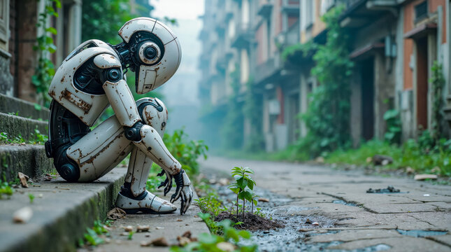 A humanoid robot sits on a step in an overgrown urban area. The environment is misty with abandoned buildings and greenery encroaching on the path.