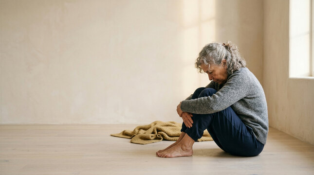 Elderly caucasian woman with grey curly hair, feeling depressed, sitting curled up on the light wooden floor in a minimalist room with copy space