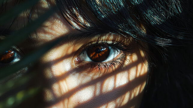 A captivating closeup reveals the intense gaze of a woman with deep brown eyes, partially shadowed by the natural patterns of light filte through leaves nearby.