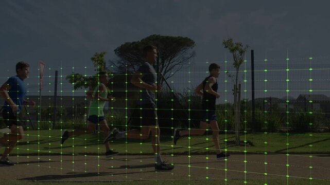 Lead runner starting jog, training pack forming park path, ECG wave pulsing aligning with stride