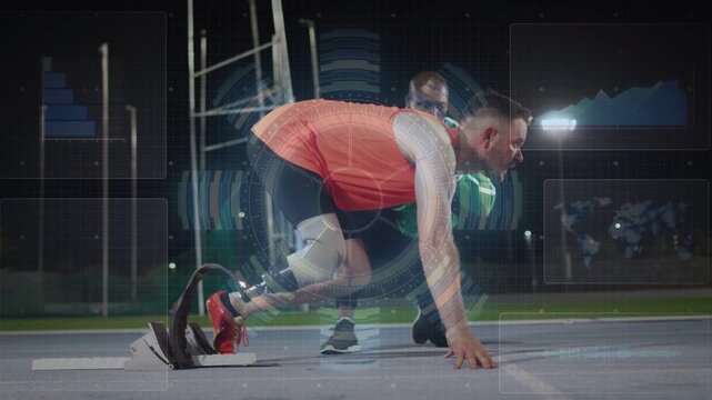 Vertical video: Runner pushing blade into block, starting sprint in track drill while HUD tracking