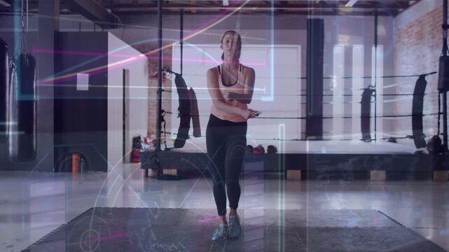 Woman starting rope swing, performing varied jump rope moves on mat, HUD tracking form for fitness