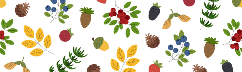 Forest autumn horizontal seamless border with berries, leaves, acorns, and pine cones. Decorative ribbon pattern for harvest festivals, Thanksgiving, and seasonal designs. © Ирина Яшкирева
