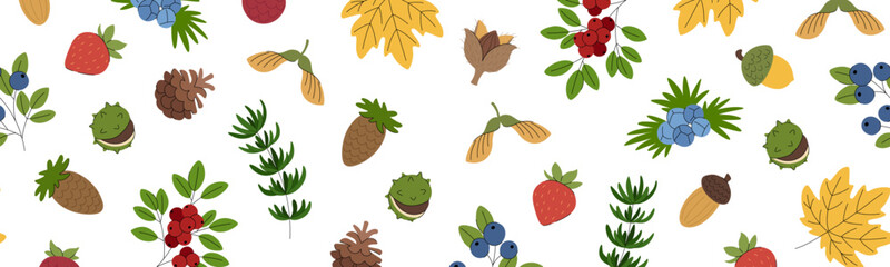 Forest horizontal seamless border with forest plants, berries, fruits and autumn leaves. Autumn decorative pattern for harvest festivals, Thanksgiving, and seasonal design. © Ирина Яшкирева