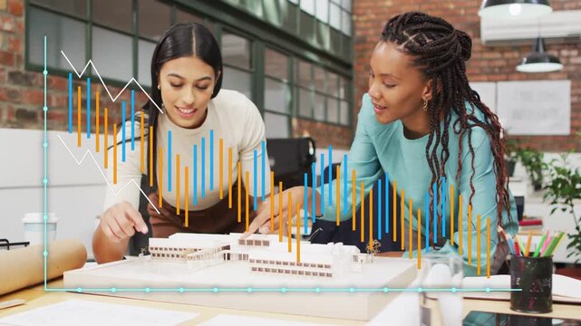 Designers tracing scale model in design studio, animated bar charts appearing, guiding layout plans