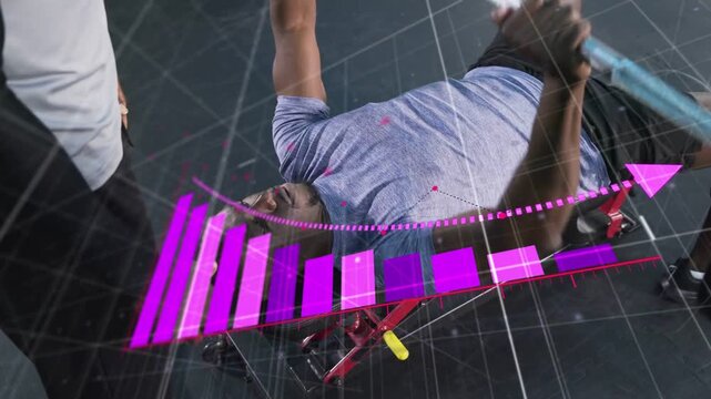 Lifter gripping bar, lowering on bench, spotter assisting, HUD pink bar chart tracking data in gym