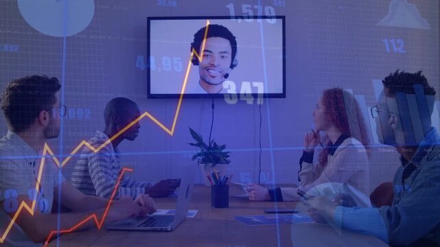 Remote host speaking, overlaid finance charts rising, dipping, team watching, analyzing metrics