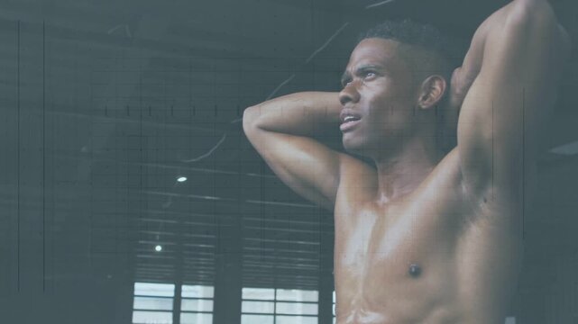 Athlete recovering post-set in gym, gasping, adjusting arms with animated pulse rising over chest