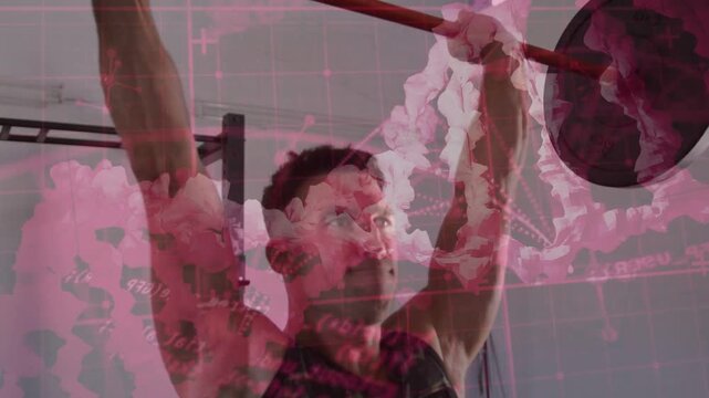 Male lifter starting from front-rack, pressing red barbell up with pink grid overlay for fitness