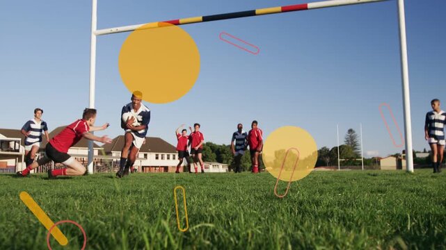Carrier taking pass, beating tackle, grounding try under posts, sports overlays expanding over play