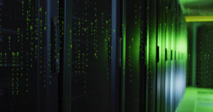 Glowing server rack row emitting green LED light down data center corridor, with binary overlay