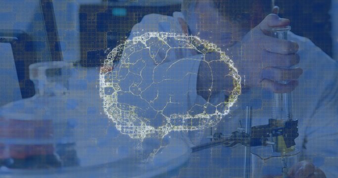 Displaying glowing brain-shaped graphic at bench, scientist in white lab coat operating pipette