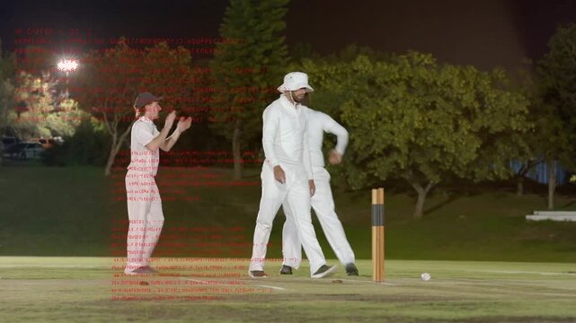 Tall fielder picking ball as umpire raising finger, batter walking off, cricket team celebrating