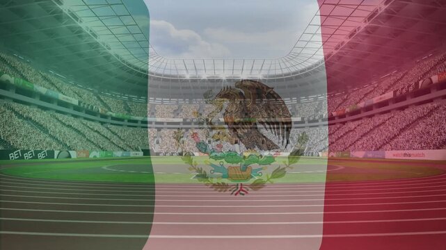 Mexican flag overlay appearing over stadium, tinting track and fans, reinforcing sports branding