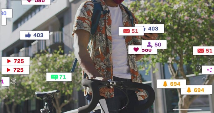 Holding road bike, cyclist wearing Hawaiian shirt with pack checking phone on sidewalk, with icons