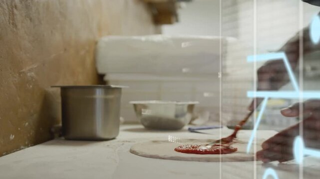 Chef's hands scooping from pot, spreading outward for even pizza, blue overlay appearing over hands