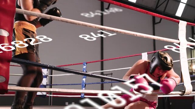 Boxing boxer landing hooks and pushing rival into ropes numbers covering fighters seeking lead