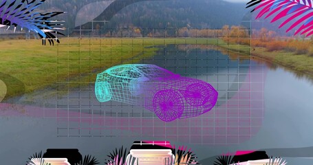 Obraz premium Hovering neon wireframe 3D car floating above pond in riverside meadow, with grid and UI panels