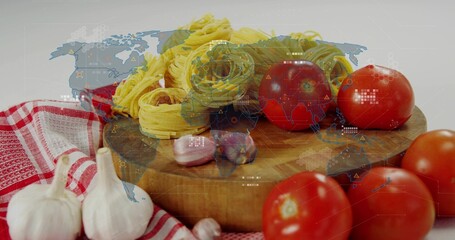 Displaying wooden cutting board with egg pasta nests, tomatoes, garlic, map HUD overlay © vectorfusionart