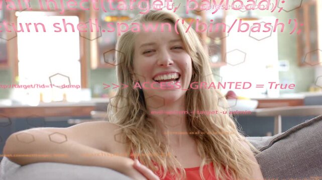 Woman on couch shifting smile to laugh while code overlay sliding across face granting access tech