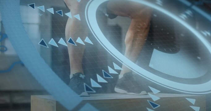 Stepping man's legs doing step-up onto plyo box in gym, wearing dark athletic shorts, HUD overlay