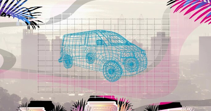 Showing cyan wireframe van hovering over grid in collage, with skyline and pink purple bands
