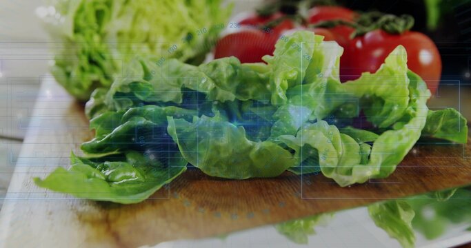 Showing fresh green lettuce wet with droplets on wooden cutting board, blue HUD overlay, tomatoes