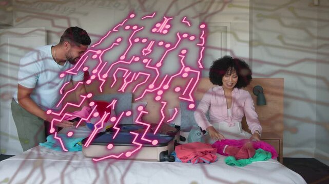 Man and woman opening suitcase, folding clothes for travel, pink circuit sweeping over couple