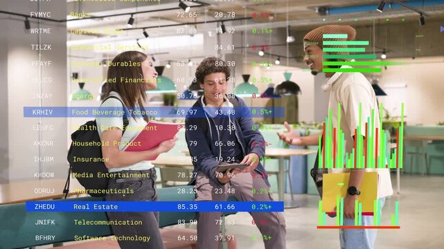 Vertical video: Standing man reaching starting peers sharing tablet, planning while charts floating