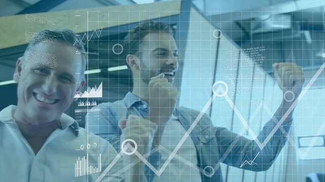 Business team reacting to rising overlaid charts, pumping fists, others joining as bar chart peaks