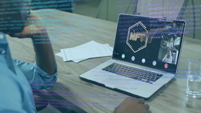 Man watching laptop showing NFT logo activating code overlay over him, analyzing NFT data for tech