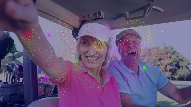 Animated confetti appearing and causing woman pointing to camera while man steering golf cart