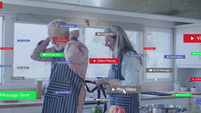 Couple starting cooking, fastening apron while Play, message and friend badges overlaying them