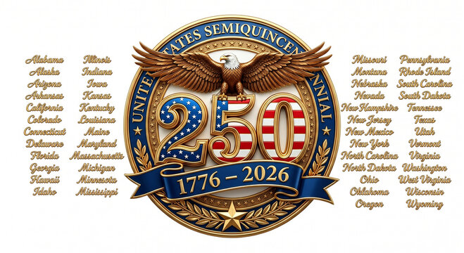 Premium 3D US Semiquincentennial seal for the 250th anniversary with bald eagle, patriotic flag textures, 1776-2026 dates and 50 states names list isolated on white background
