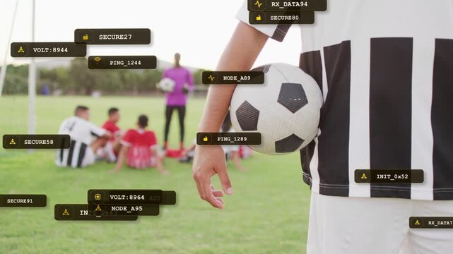 Coach holding soccer ball and coaching team, sports HUD tags appearing and clustering near players
