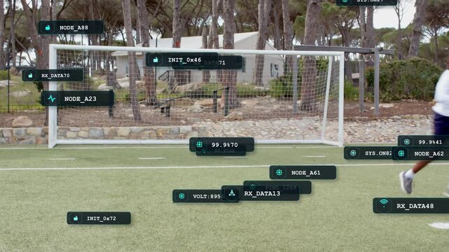 Two boys in sports drill, shifting, running and jumping in goal while HUD labels following players