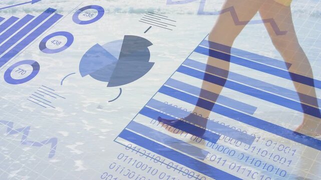 Woman walking barefoot shoreline starting foot touching sand while blue data charts sliding under