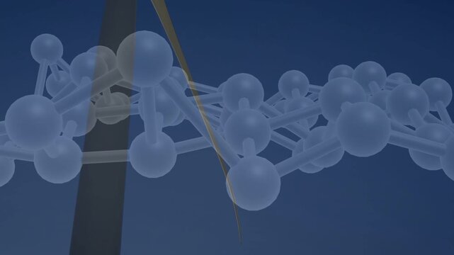 Wind turbine rotating as molecular network shifting upon rotor entering ring, showing energy flow