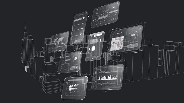 On load, UI panes floating tilting showing charts settling into layered data over wireframe city