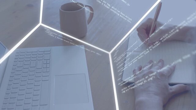 Hex grid appearing, hands writing notes while code streaming across laptop and mug, planning code