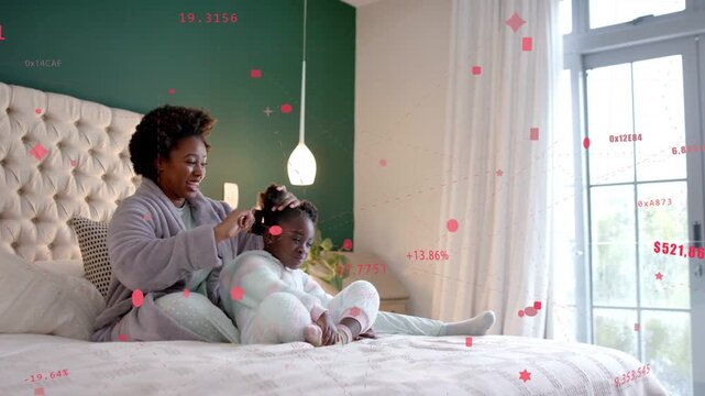 Mom starting detangling and brushing girl's hair on bed, beauty styling while pink numbers floating