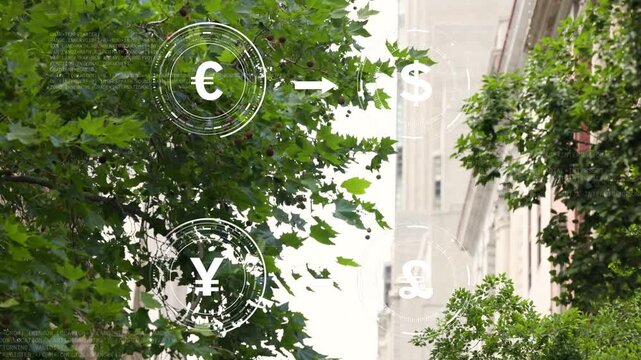 After first frame HUD appearing over canopy, pulsing arrows and sliding $ &pound; symbols showing trends