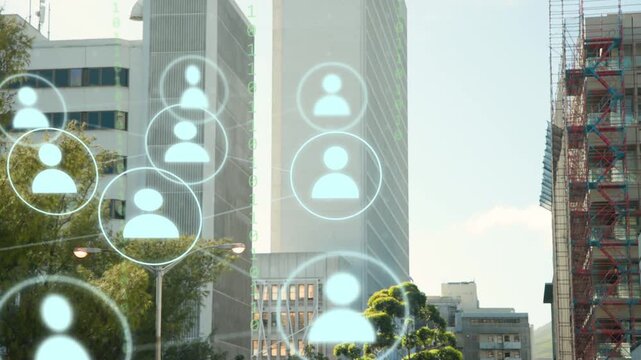 Faint circle appearing before tower, holo avatars growing drifting inward forming network over city
