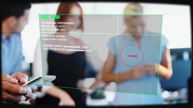 Team standing, camera panning, man tapping phone, causing HUD tilting showing Q4 metrics TARGET