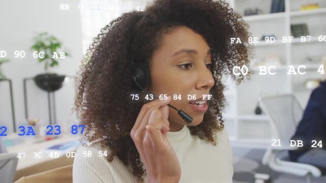 Agent taking call, moving mic and talking while hex code floating over agent and camera panning